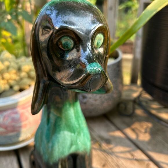 Vintage 70s Blue Mountain Pottery Green Glazed Hound Dog - Picture 2 of 16